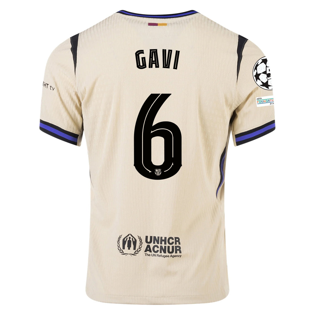Nike Gavi Men's FC Barcelona Authentic Away Jersey w/ Champions League Patches (Team Gold/Persian Violet/Black)