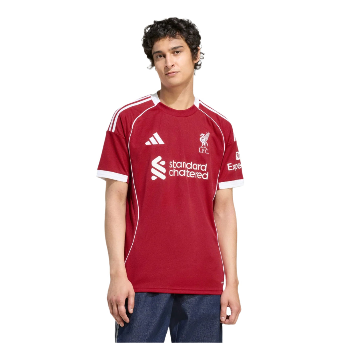adidas Elliott Men's Liverpool Home Jersey 25/26 w/ NRFR + EPL Champions Patch (Strawberry Red)