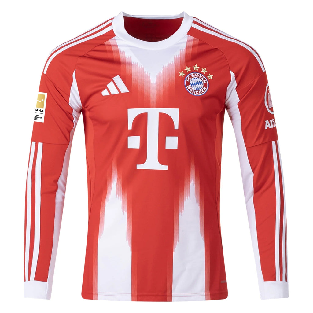 adidas Men's Bayern Munich Long Sleeve Home Jersey 25/26 w/ Bundesliga Champions Patch (Red/White)