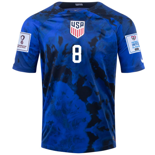 Nike United States Weston Mckennie Away Jersey 22/23 w/ World Cup 2022 Patches (Bright Blue/White)