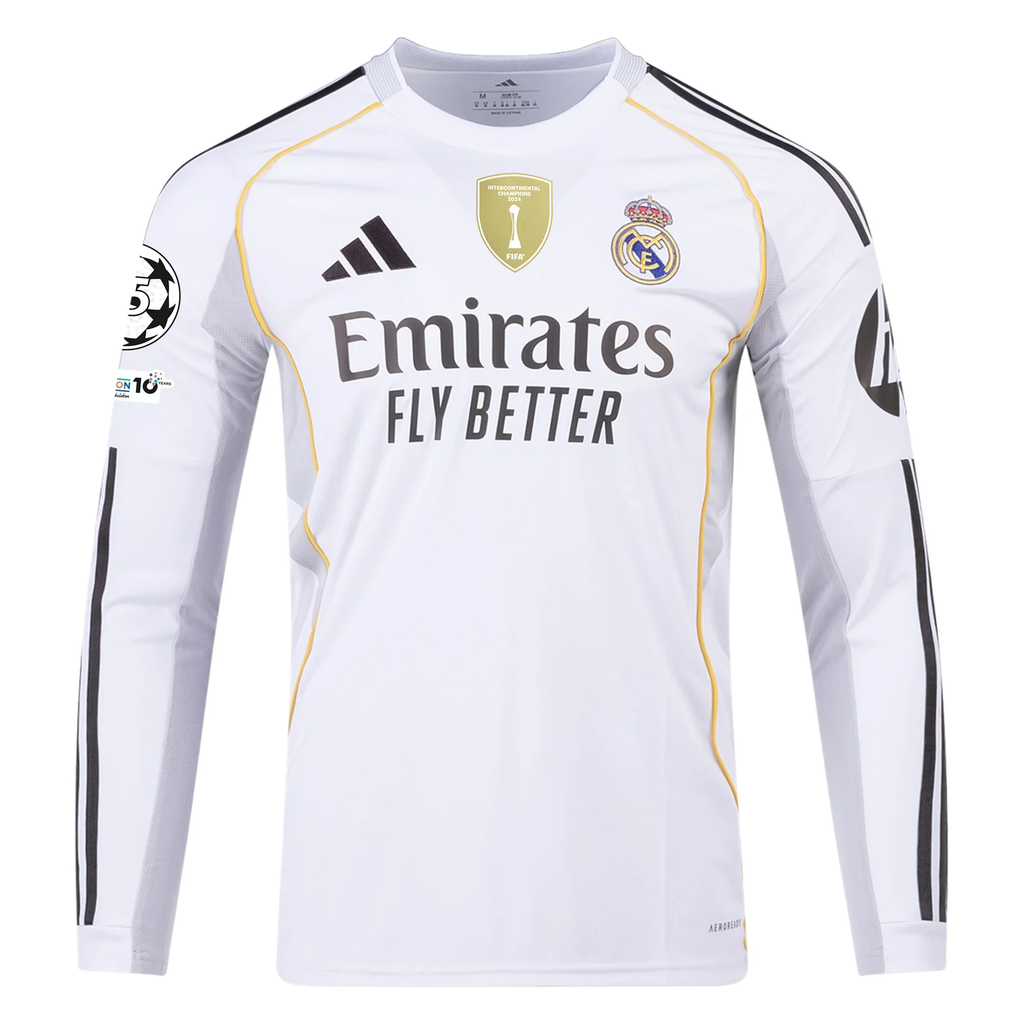 adidas Real Madrid Carvajal Long Sleeve Home Jersey w/ Intercontinental + Champions League Patches 25/26 (White)