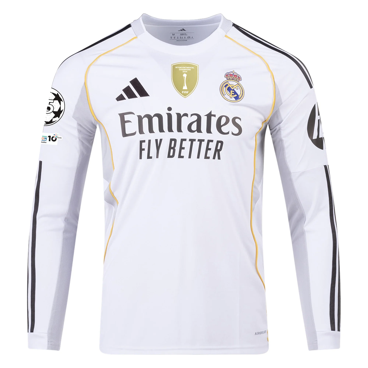 adidas Real Madrid Tchouameni Long Sleeve Home Jersey w/ Intercontinental + Champions League Patches 25/26 (White)
