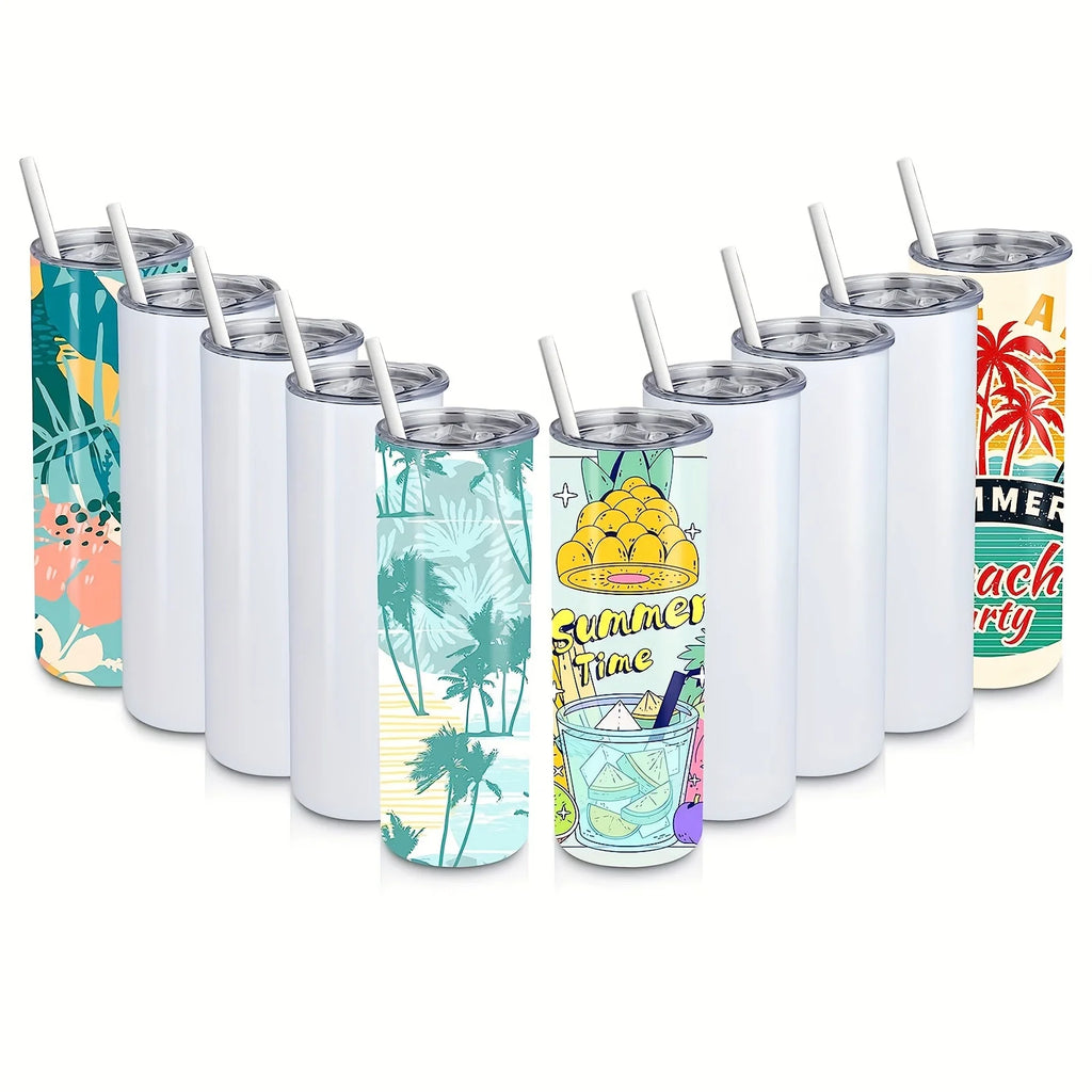 WATERSY 4/8/10 Pcs Heat Sublimation 600ml Tumbler White Insulated Bottle with Straw and Lid Stainless Steel Thermal Cup DIY Mugs
