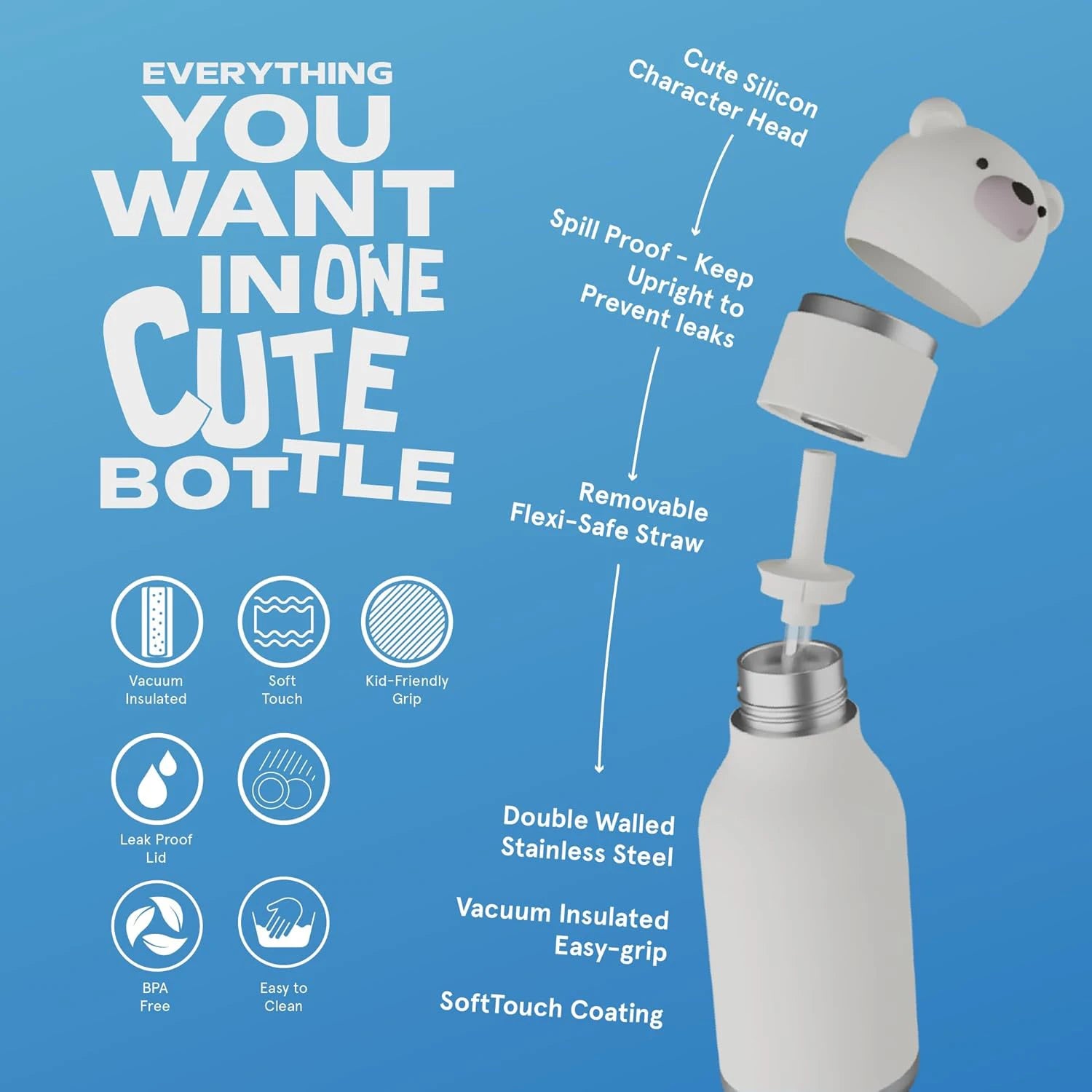 Bottle Insulated Stainless Steel Water Bottle with Detachable Soft Animal Head Fun Drinking For student and Teens16 Ounce (Bear)