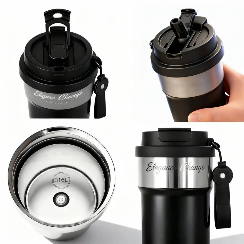 500ml Stainless Steel Vacuum Tumbler, Double Mouth Lid with Straw, 316L Insulated Coffee Travel Mug Leakproof Thermos Cup bottle
