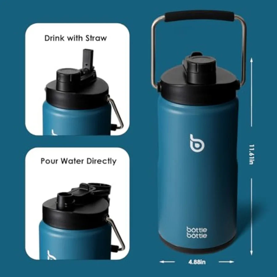 Insulated Water Bottle 64 oz with Straw and Dual-use Lid Half Gallon Water Jug Vacuum Stainless Steel for Workout and Sports In