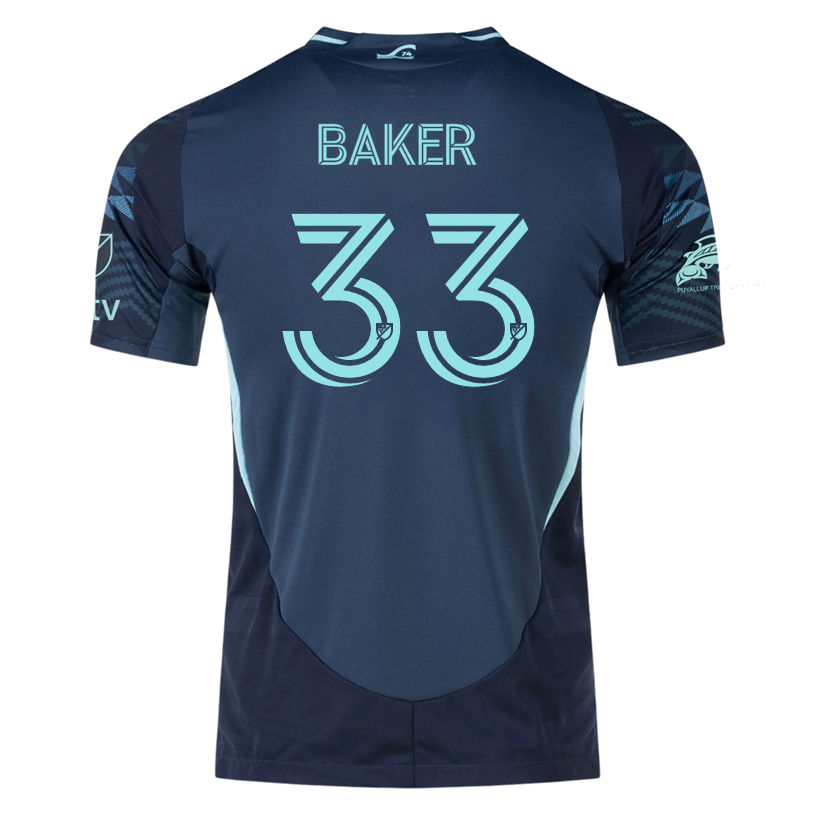 adidas C. Baker Seattle Sounders Authentic Away Jersey 25/26 w/ MLS Patches & Sponsor (Aura Ink)