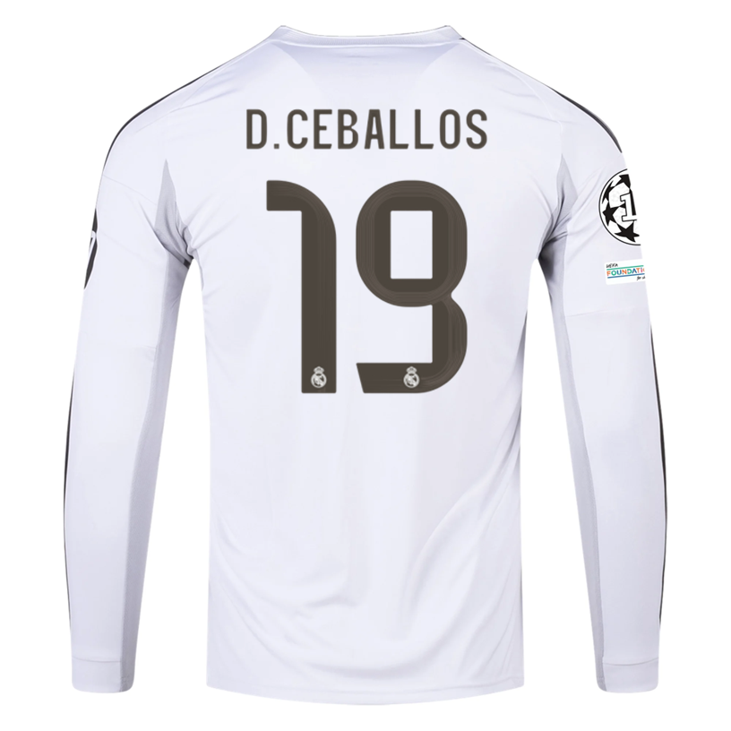adidas Real Madrid D. Ceballos Long Sleeve Home Jersey w/ Champions League Patches 25/26 (White)