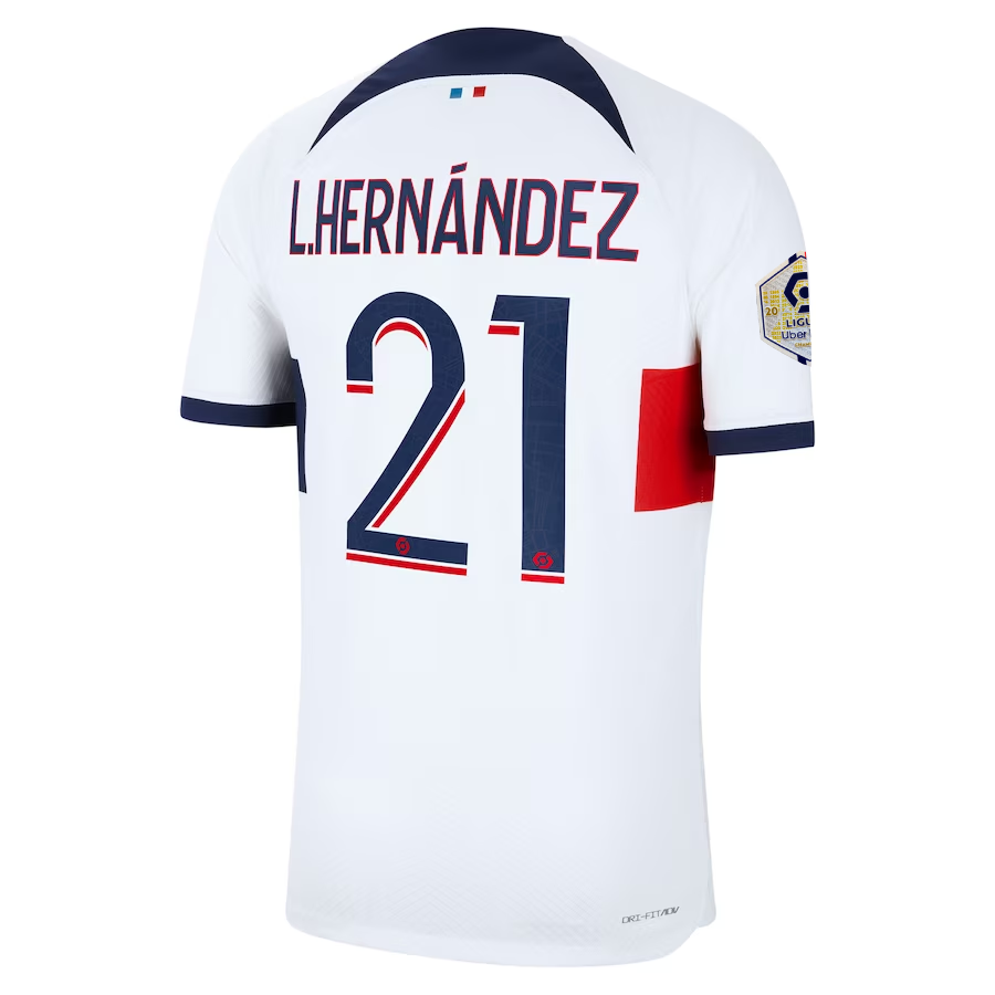 Nike Paris Saint-Germain Authentic Lucas Hernandez Hakimi Match Vaporknit Away Jersey w/ Ligue 1 Patch 23/24 (White/Midnight Navy)